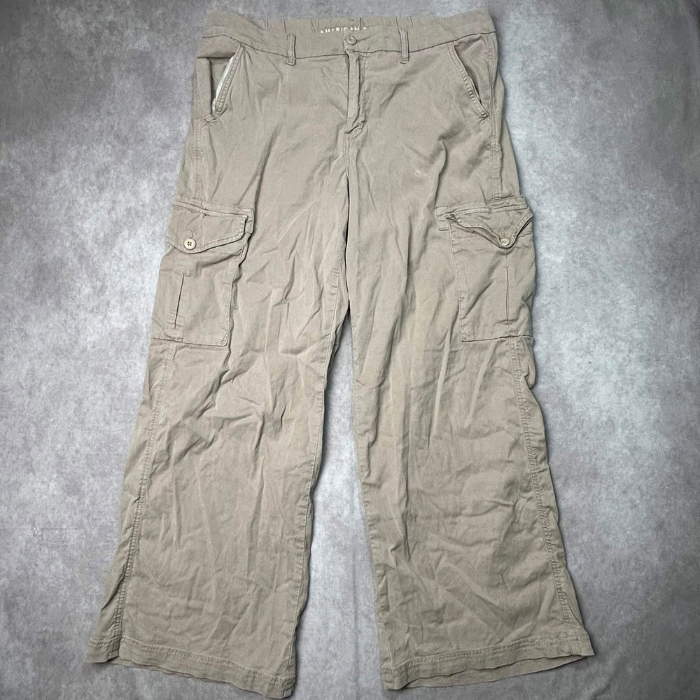 American Eagle Womens Khaki Tan Mid Rise Baggy Wide Leg Cargo Pants Size 16 REG